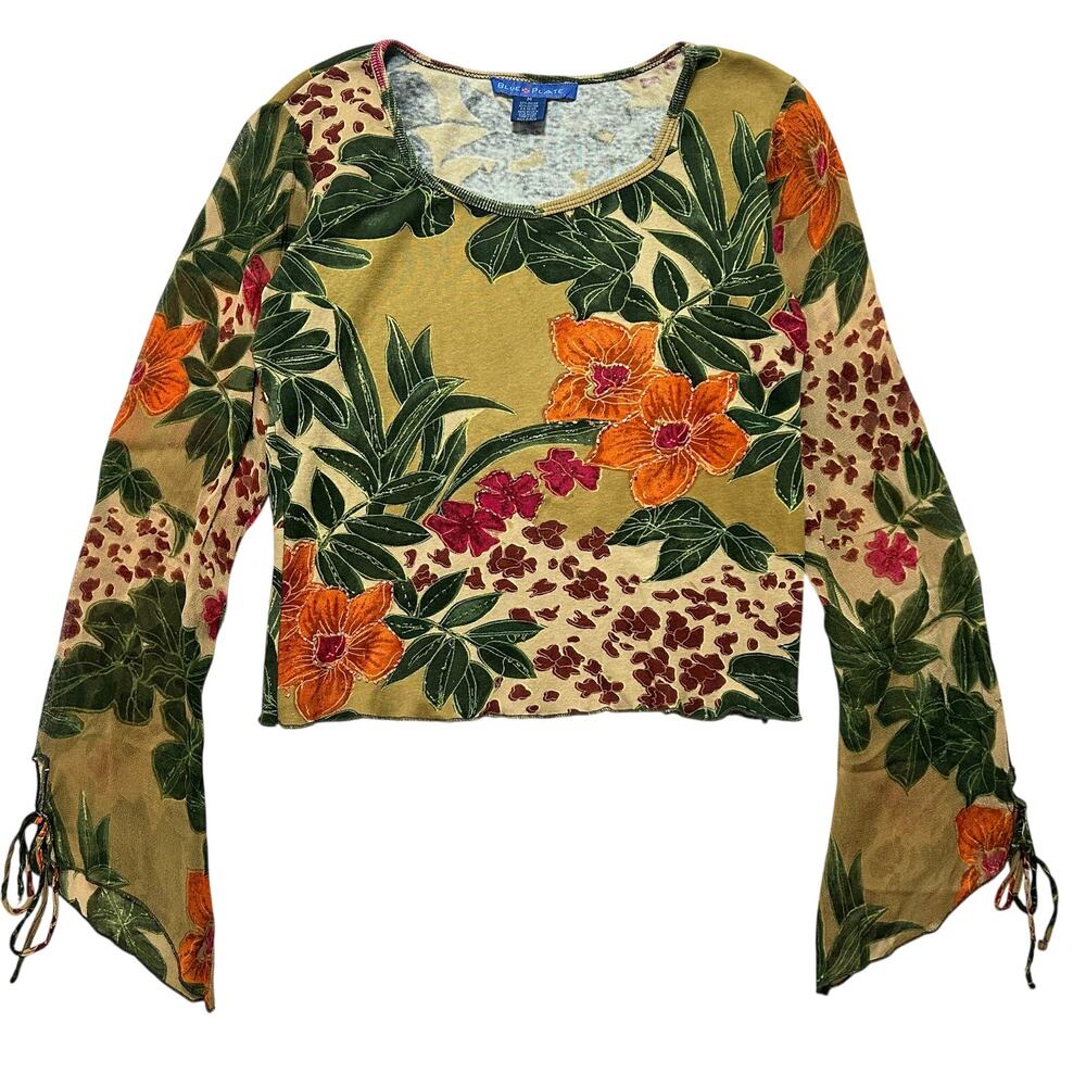 Y2K Blue Plate Fairy Floral Print Long Sleeve Sheer Top M Green